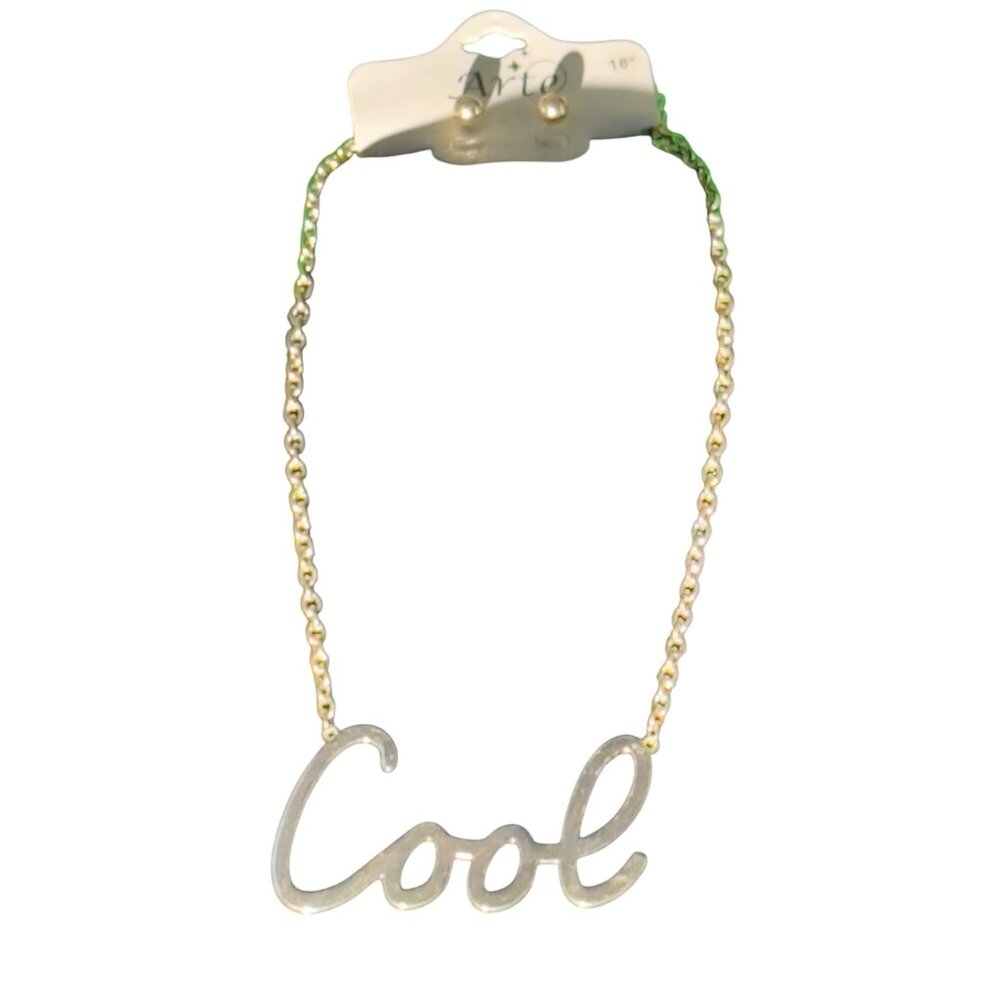Arte Gold-Tone "Cool" Script Necklace 18" Chain & Matching Stud Earrings Set